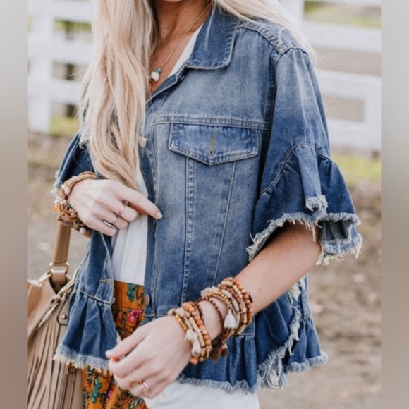 Blue Raw Edge Ruffled Short Sleeve Denim Jacket - Picture 3 of 6